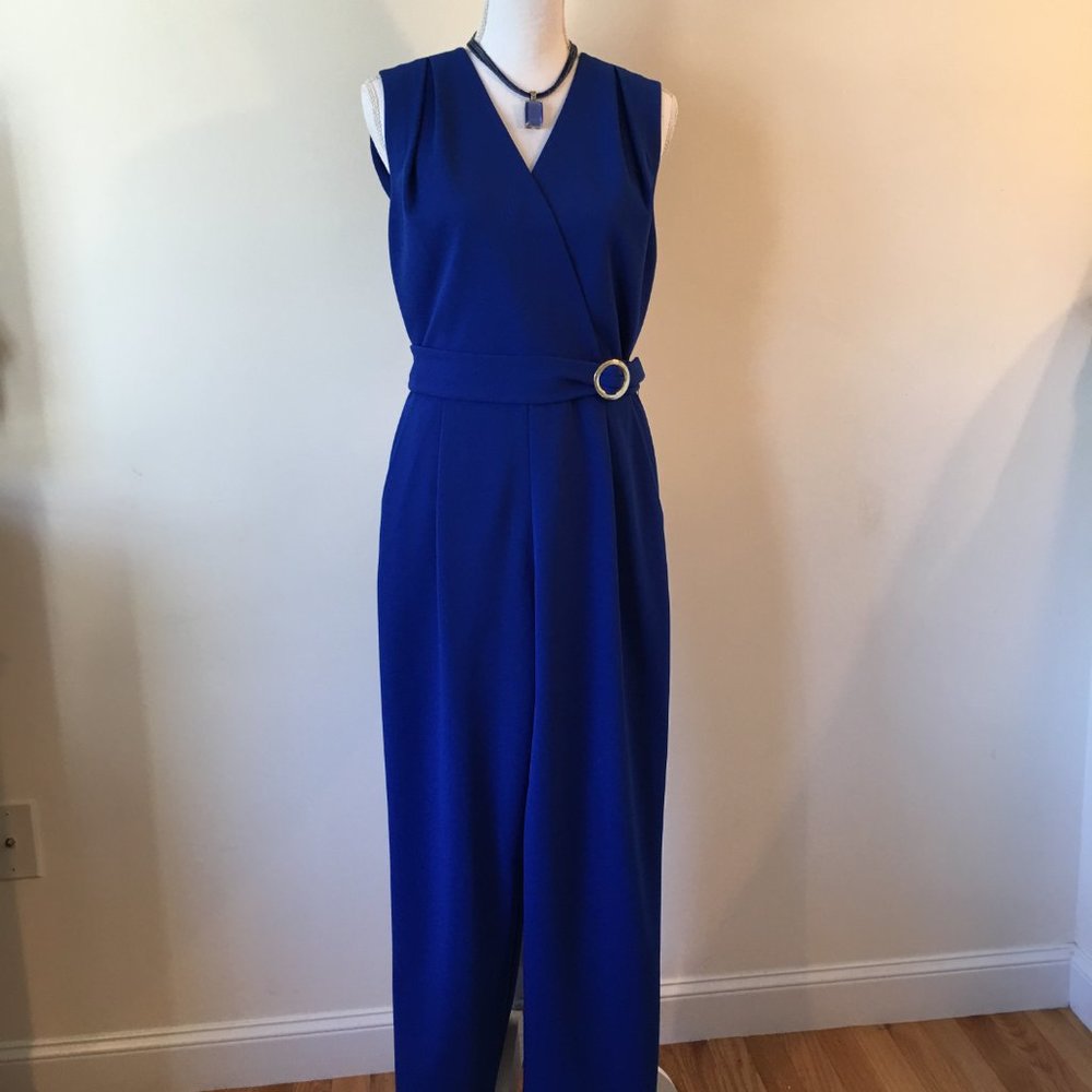 Cobalt Blue V-neck, Sleeveless one-piece jumpsuit with belt - Size 6